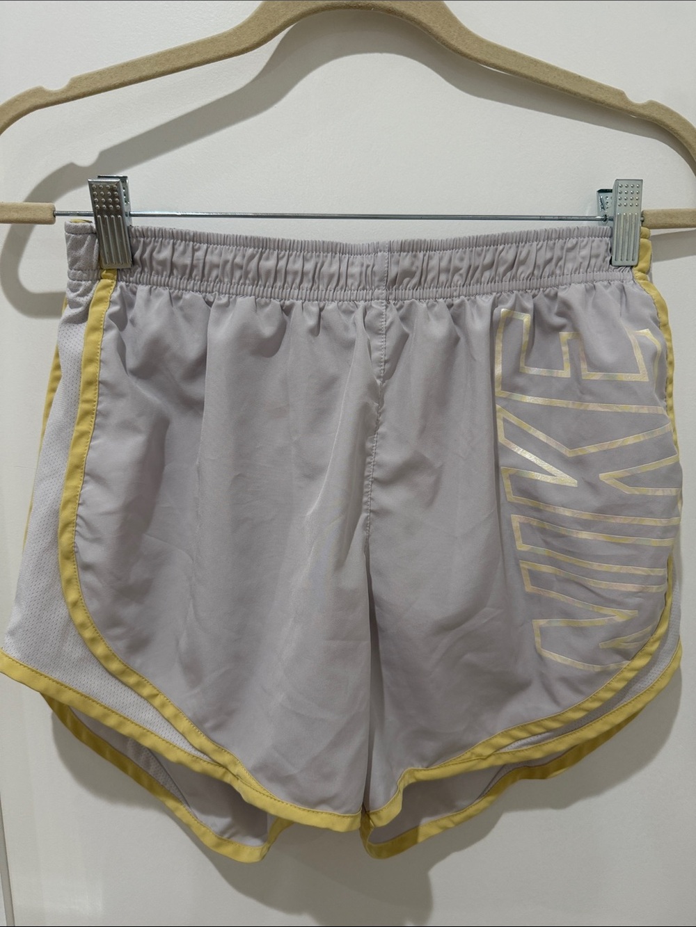 Nike Dri-Fit Light Gray Athletic Shorts with Yellow Trim